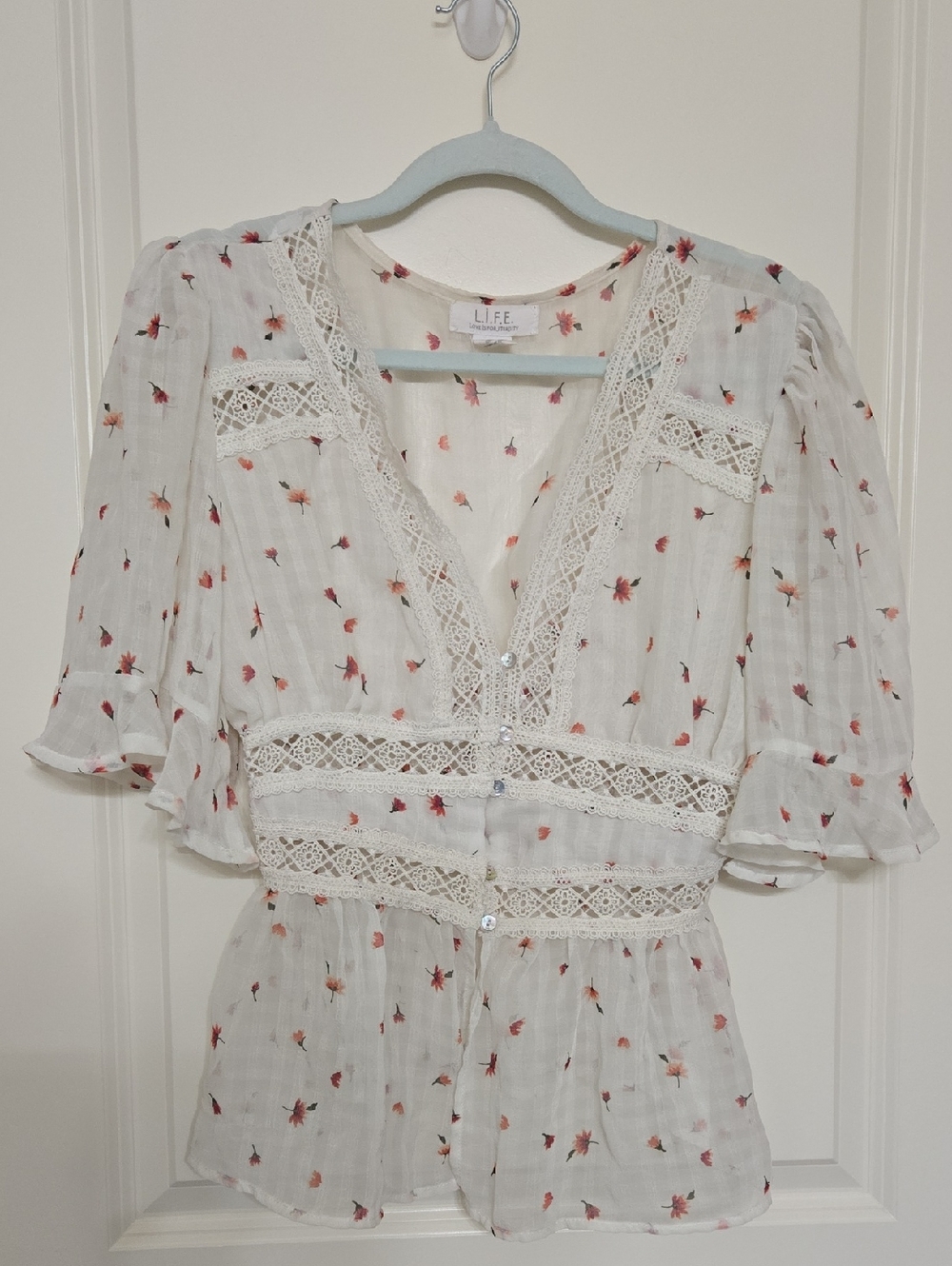 White Floral Lace-Trim Peplum Blouse